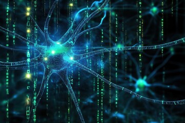 Obraz premium cybernetic neural network visualization with glowing blue and green nodes interconnected by luminous data streams, creating a 3d matrix against a dark background with cascading binary code
