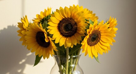 Obraz premium A vibrant bouquet of sunflowers in a glass vase, bathed in warm sunlight. Their golden petals and dark centers create a striking contrast, radiating warmth, happiness, and natural beauty.
