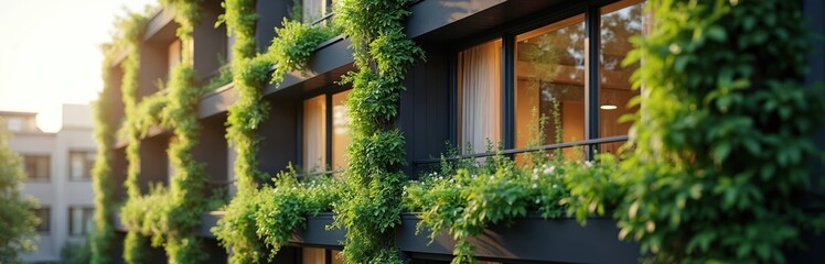 Exterior of modern building covered in climbing plants. Eco friendly building design with plants facade. Sustainable architecture with low-energy consumption, improves thermal insulation, natural