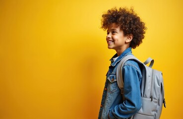Curly-haired school boy with backpack smiles on yellow background, ready for school. Cheerful caucasian kid looks happy, wears casual clothes and jean jacket, back to school concept. Education theme.