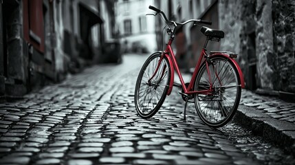 Obraz premium Retro red bike on cobblestone street, timeless charm in monochrome.