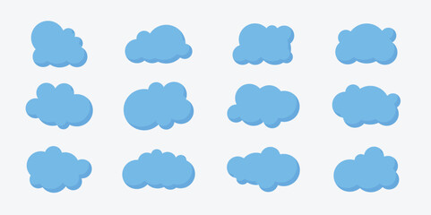 3D cloud. Simple cloudy shapes. Cartoon blue puffy, fluffy and cumulus clouds in blue sky. Abstract comic weather elements. Objects cloudscape for game