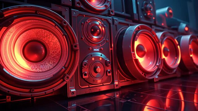  Line of red glowing speakers emitting vibrant sound waves in a dark room