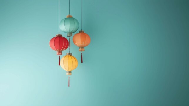 Hanging Chinese lanterns on side, delicate patterns empty background,copy space,banner.