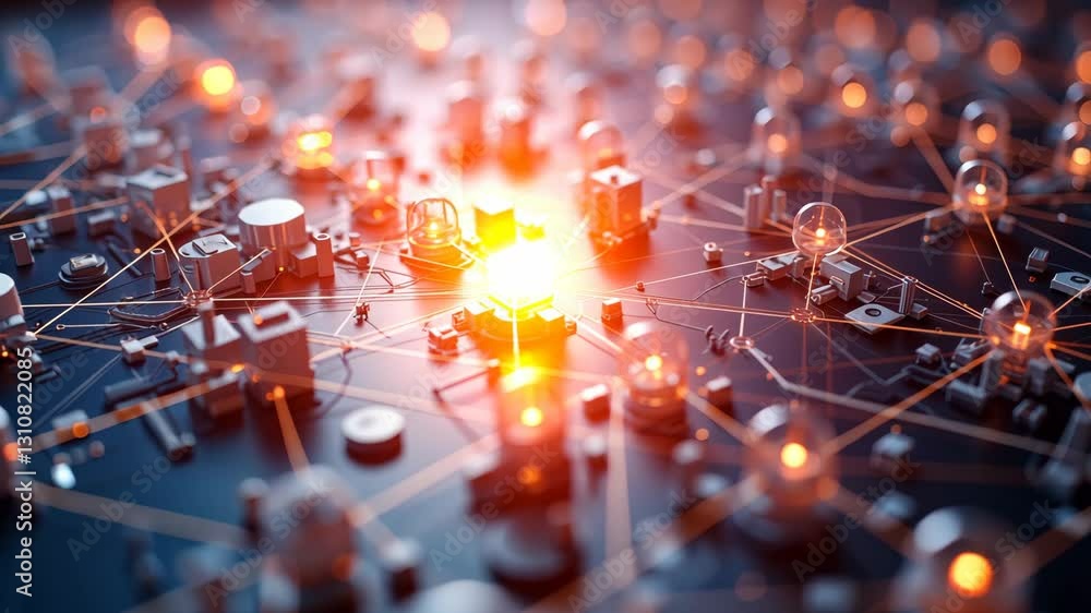 Poster central glowing node with interconnected lights on a circuit board