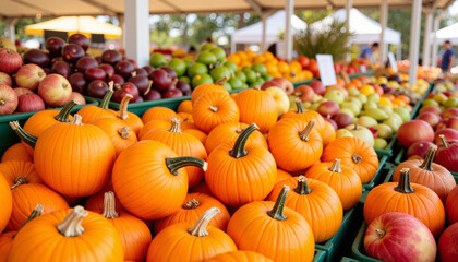 Obraz premium Colorful pumpkins at a bustling farmers market