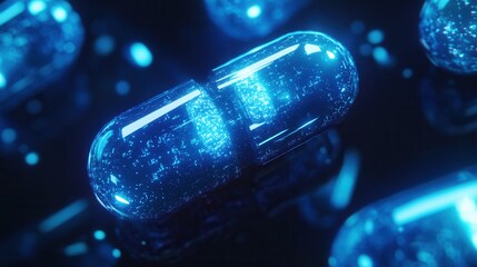 Glowing capsules emit soft blue light in a dark futuristic environment with an abstract medical design and cinematic appeal