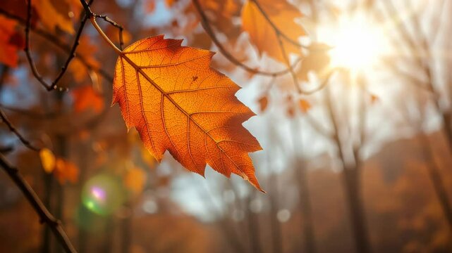  Single orange leaf in sharp focus with a warm sunset in the background