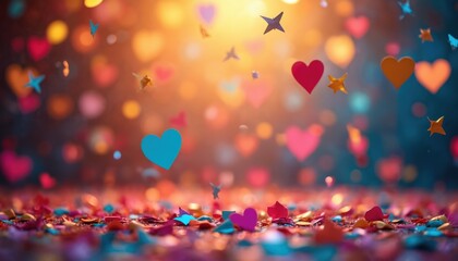 Colorful hearts, stars confetti background. Celebration with falling heart shapes decoration. Party colorful glitter on floor. Celebrate special events like Valentines Day, Mothers Day. Holiday