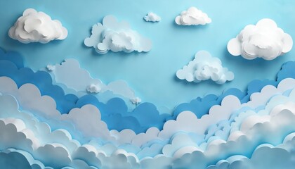 Blue watercolor background with layered paper clouds creates dreamy artistic sky. Fluffy white cloudscape collage with cut-out craft perspective. Abstract whimsical nature weather atmosphere design