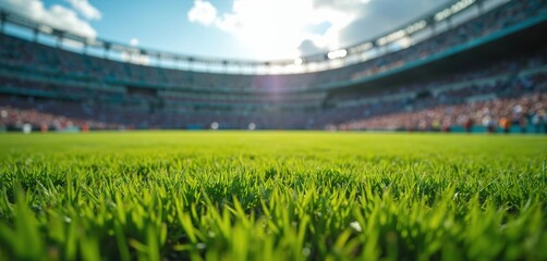 Ground level close-up shot of soccer field turf inside an arena. American football stadium with blurred out of focus fans background. Bright sunny day during a sport competition, tournament.