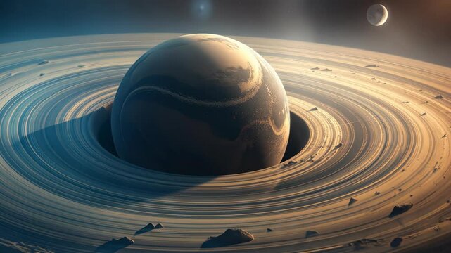  Planet with Rings and Moon Surrounded by Stars and Nebulae