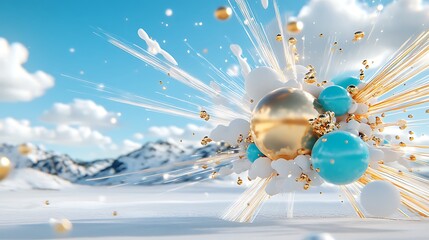 Abstract 3D Render Exploding Gold and Teal Spheres with White Paint Splashes against Snowy Mountain