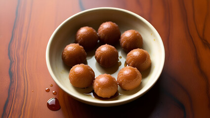 Obraz premium Delicious Gulab Jamun glistening with sugar syrup, served in a traditional bowl on a wooden surface.