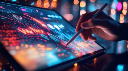 The artists hand glides gracefully across the surface of the tablet a sleek stylus poised for precision. In the background vibrant walls adorned with completed artworks and design inspirations