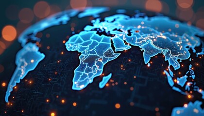 Digital globe with Africa map on circuit board background. Futuristic tech concept shows communication network with glowing lights, represents datum connection, innovation progress, future science.