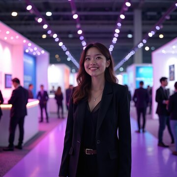 Asian female exhibitor works in convention center. Conference exhibition event. Woman promotes company services. Smiling lady in business suit advertises brand at trade show, meeting with clients.