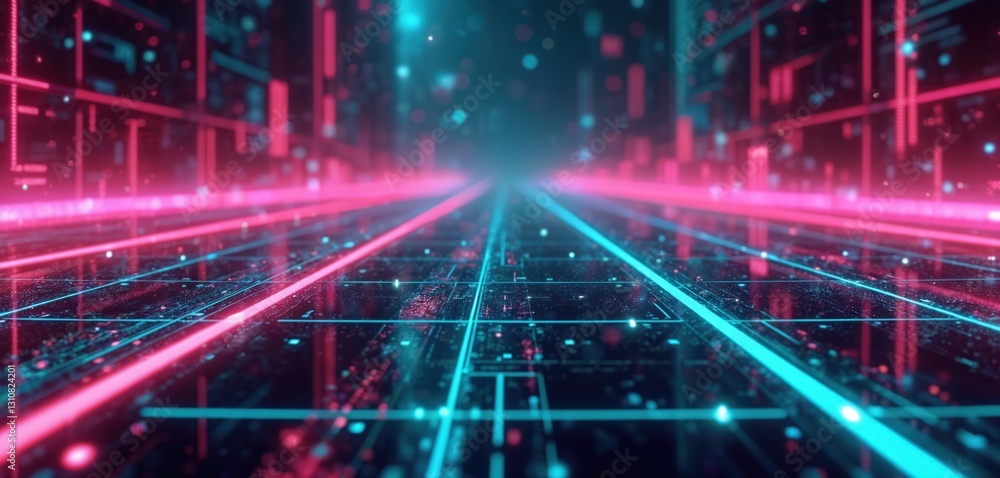 Aufkleber vibrant neon tech grid background featuring glowing electric digital circuits. futuristic innovation