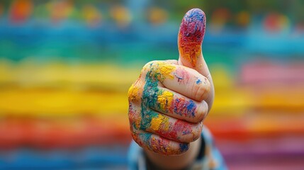 Child's Hand Giving Thumbs Up Gesture Covered in Colorful Paint Against Vibrant Background