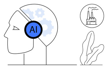 Human profile features AI gear, symbolizing machine learning, automation, and thinking. Factory sketch denotes industrial applications. Ideal for automation, robotics, economy, technology
