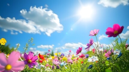 Colorful meadow blooming with wildflowers under bright blue skies