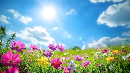 Bright Sunny Day Over a Field of Colorful Flowers