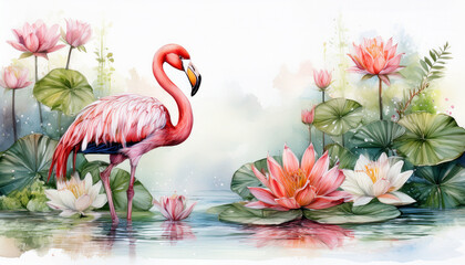 pink flamingo in water water color Illustration
