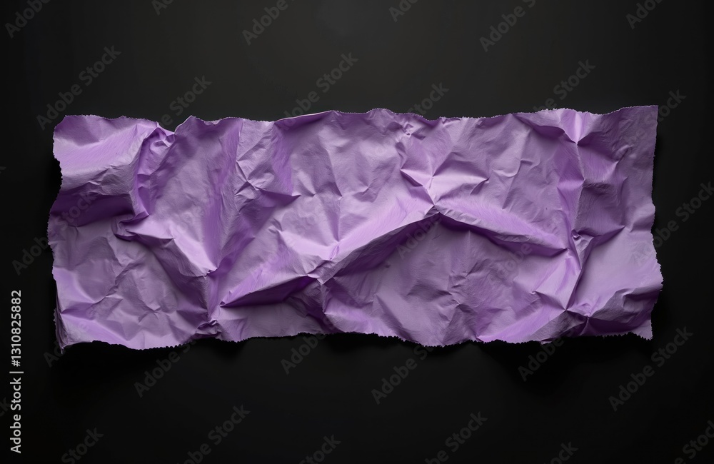 Poster Crumpled purple paper piece isolated on black background. Wrinkled paper sheet surface. Ripped torn edges. Blank rough note background. Empty space. Design element for message or copy.