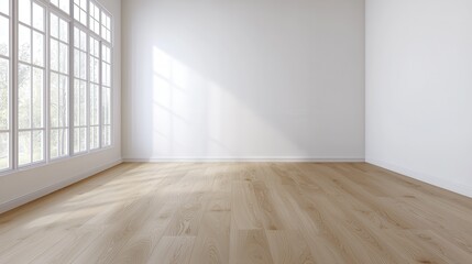 Bright empty room with wooden floor and large windows, minimalist interior design.