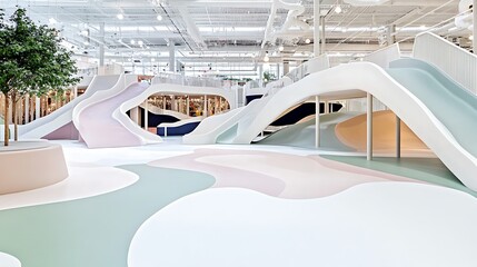 Fototapeta premium Modern Indoor Play Area with Pastel Slides and Soft Play Structures for Children