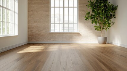 Bright minimalist interior with wooden floor, large window, and potted plant for a cozy yet modern atmosphere.