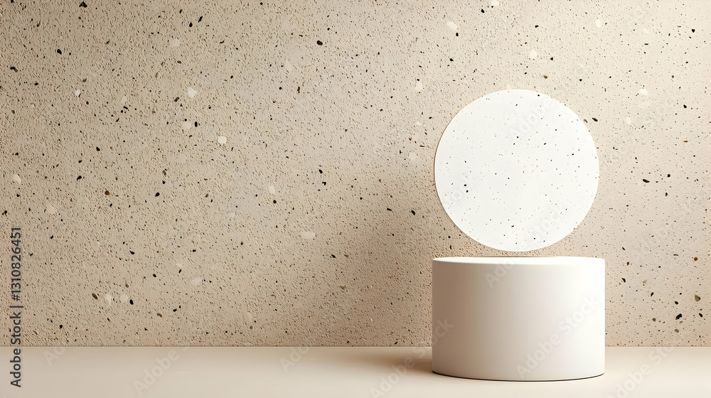 Poster minimalist display with floating circular object on textured background