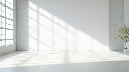 Fototapeta premium Bright minimalist room with large windows casting shadows on the walls and floor.