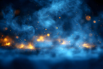 Dramatic Blue Smoke And Fire Background With Golden Glitter