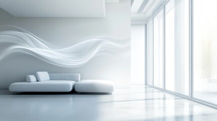 Modern minimalist living room with flowing abstract wall art. Ideal for interior design, home decor, and relaxation concepts.