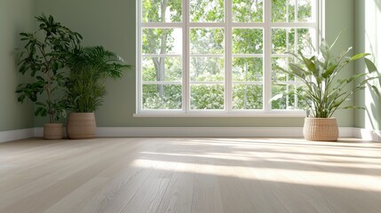 Bright room with potted plants and large windows, natural light filling the space creating a tranquil atmosphere.