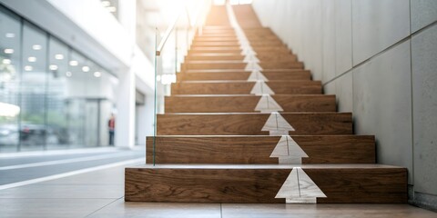 Fototapeta premium Wooden Stack Showing Business Growth. Ascending Wooden Stairs Guidance Arrows Modern Architecture Upward Mobility Progress Journey