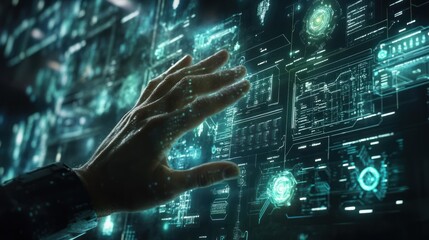 A human hand interacting with futuristic digital technology display