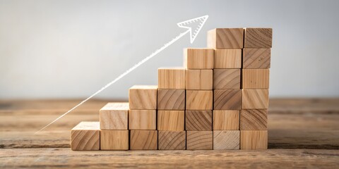 Wooden Stack Showing Business Growth. Ascending Wooden Blocks Chart Illustrating Progress And Growth Toward Success And Achievement