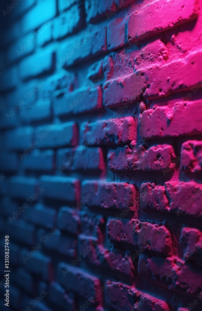 Poster Brick wall with neon light gradient. Blue, pink vivid color palette on dark background. Loft style rough bricks with textured surface. Modern trendy design with colorful light effect for banners.