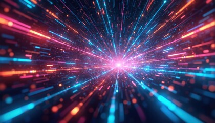 Abstract background of glowing neon lights. Lines, dots form futuristic tunnel, hi-tech data stream. Digital data flow concept visualization for landing page, presentation or marketing materials.