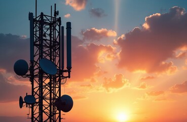 Silhouette of telecommunication tower, antennas, satellite dish against sunset sky background. Telecom station provides mobile, phone signal using wireless frequency network equipment. Industrial