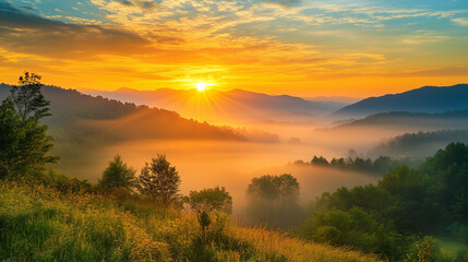 Obraz premium Breathtaking sunrise over misty mountains nature landscape tranquil environment scenic viewpoint serene concept