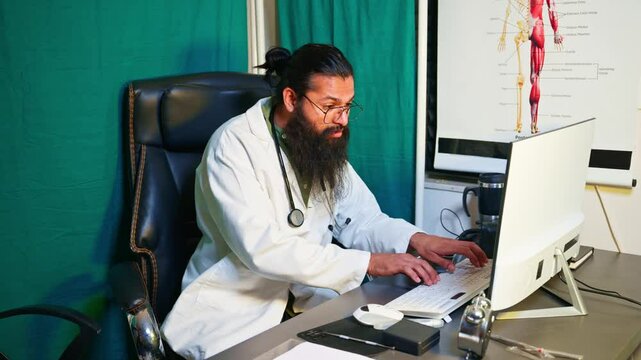 Doctor using computer at clinic handling reports