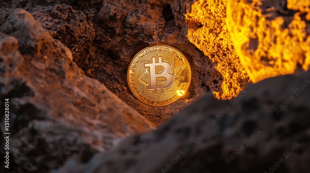Poster bitcoin coin embedded in ancient rocks illuminated by natural light