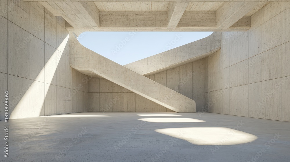 Aufkleber minimalist concrete interior with angular stairs and geometric shadows in modern architecture.