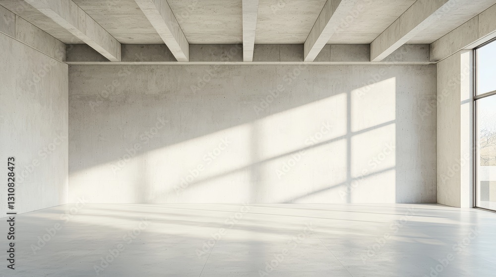 Poster minimalist concrete interior with light through large window, creating geometric shadow patterns on 