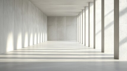 Fototapeta premium Minimalist concrete corridor with sunlight streaming through large windows, casting geometric shadows on the floor.