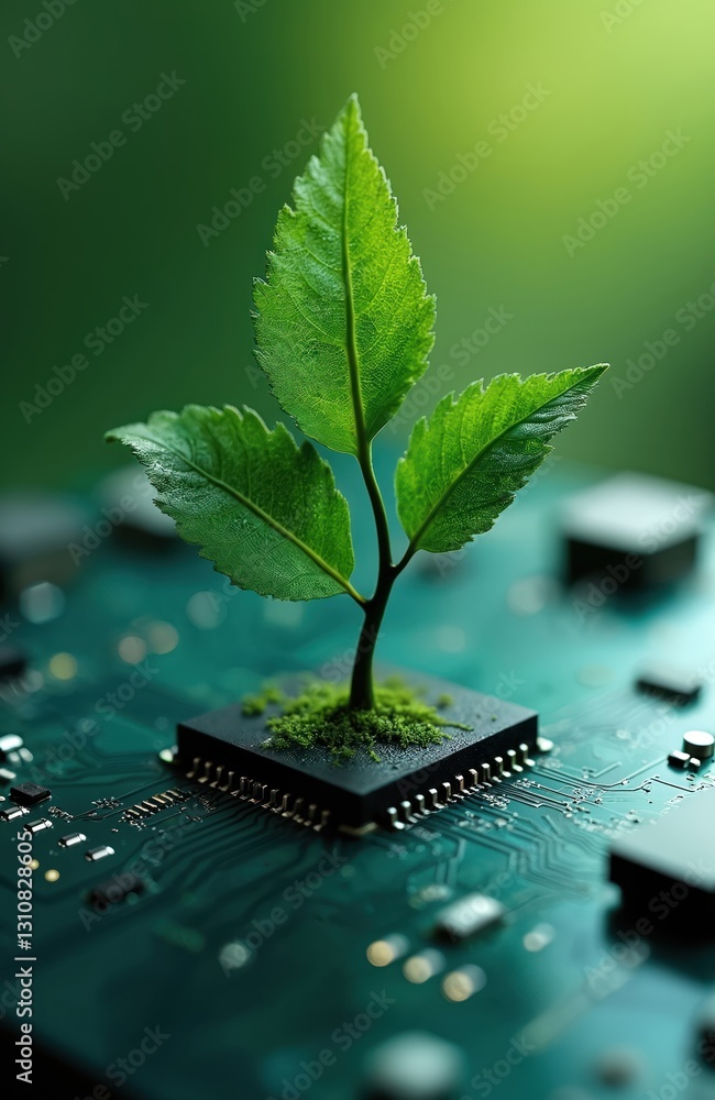 Aufkleber Sapling sprout grows on computer circuit board, green tech. Tree growing from CPU, eco-friendly technology, ethics, CSR, environment, sustainability, renewable resources, responsible consumption.