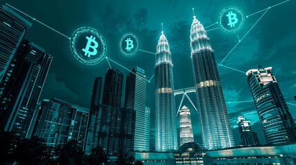 Glowing Bitcoin Symbols Over Iconic Petronas Towers at Night